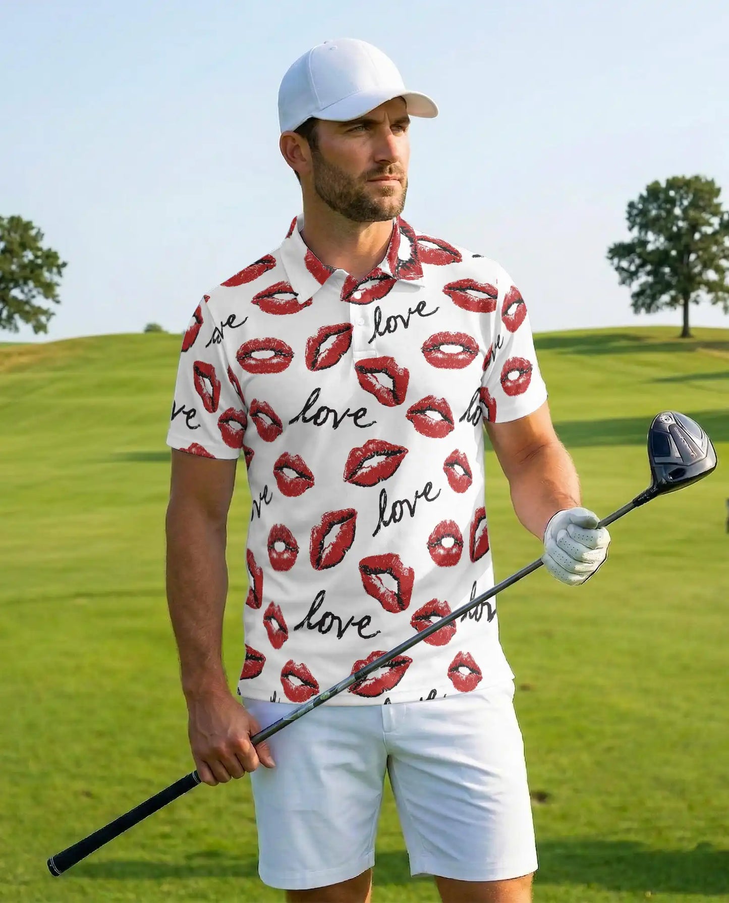 Love Kiss Lips Polo Shirt for Men - Romantic Red Lip Print | Netecom