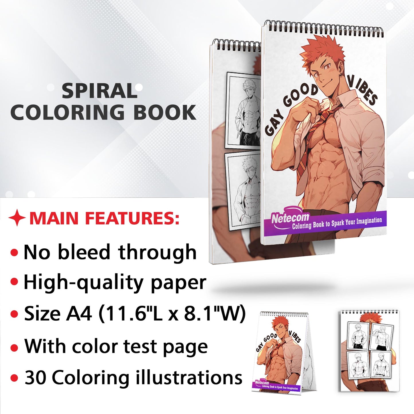 Gay Good Vibes Spiral Bound Coloring Book: 30 Pages of Coloring Joy, Capturing the Intense and Enchanting Gaze of Hot Anime Boys