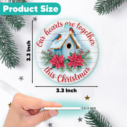 Netecom Classic Birdhouse Ornament with Red Poinsettia and Winter Birds, Our Hearts Are Together This Christmas Ceramic Ornament for Christmas Tree Hanging Decorations Gift, Holiday Party Present