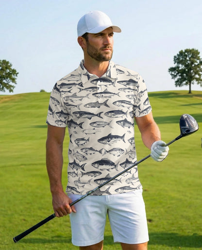 Vintage Fish Pattern Polo Shirt for Men – Coastal Fishing Style | Netecom