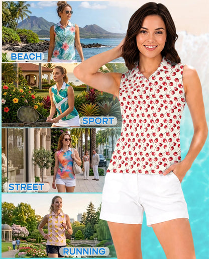 Cherry Pattern Sleeveless Polo Shirt for Women | Netecom