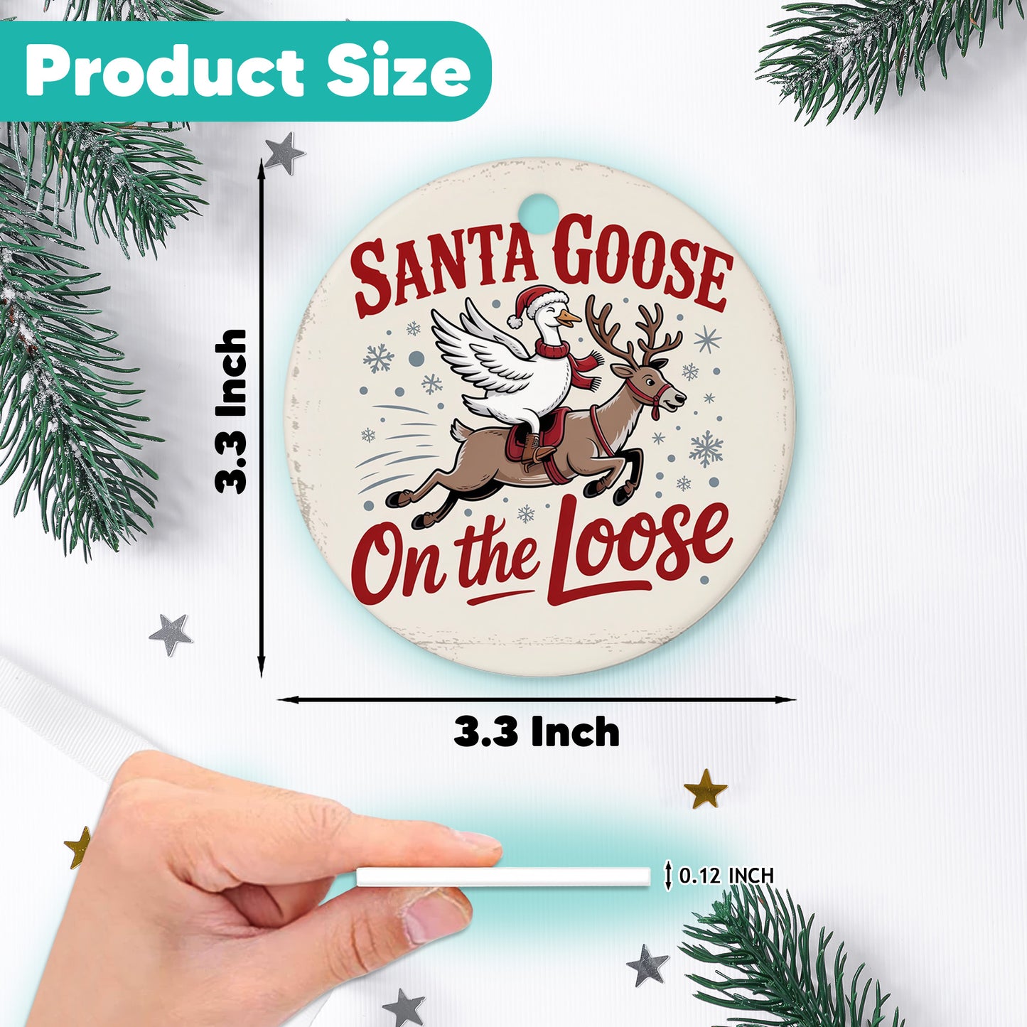 Netecom Funny Santa Goose on the Loose Ornament, Goose in Santa Hat Riding Reindeer Ceramic Ornament for Christmas Tree Hanging Decorations Gift, Duck Lover Gifts, Holiday Party Present