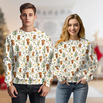 Cute Highland Cattle Sweatshirt, 3D All Over Print Fluffy Cow Crewneck Pullover for Men Women, Highland Cow Lover Gift - Netecom