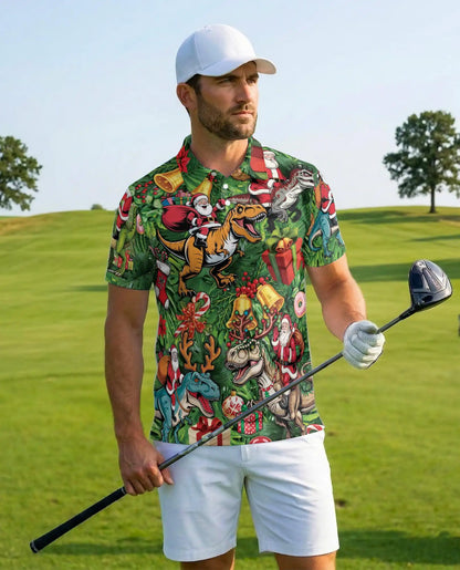 Christmas Dinosaur 3D Polo Shirt for Men – Funny Santa T Rex Holiday Style | Netecom