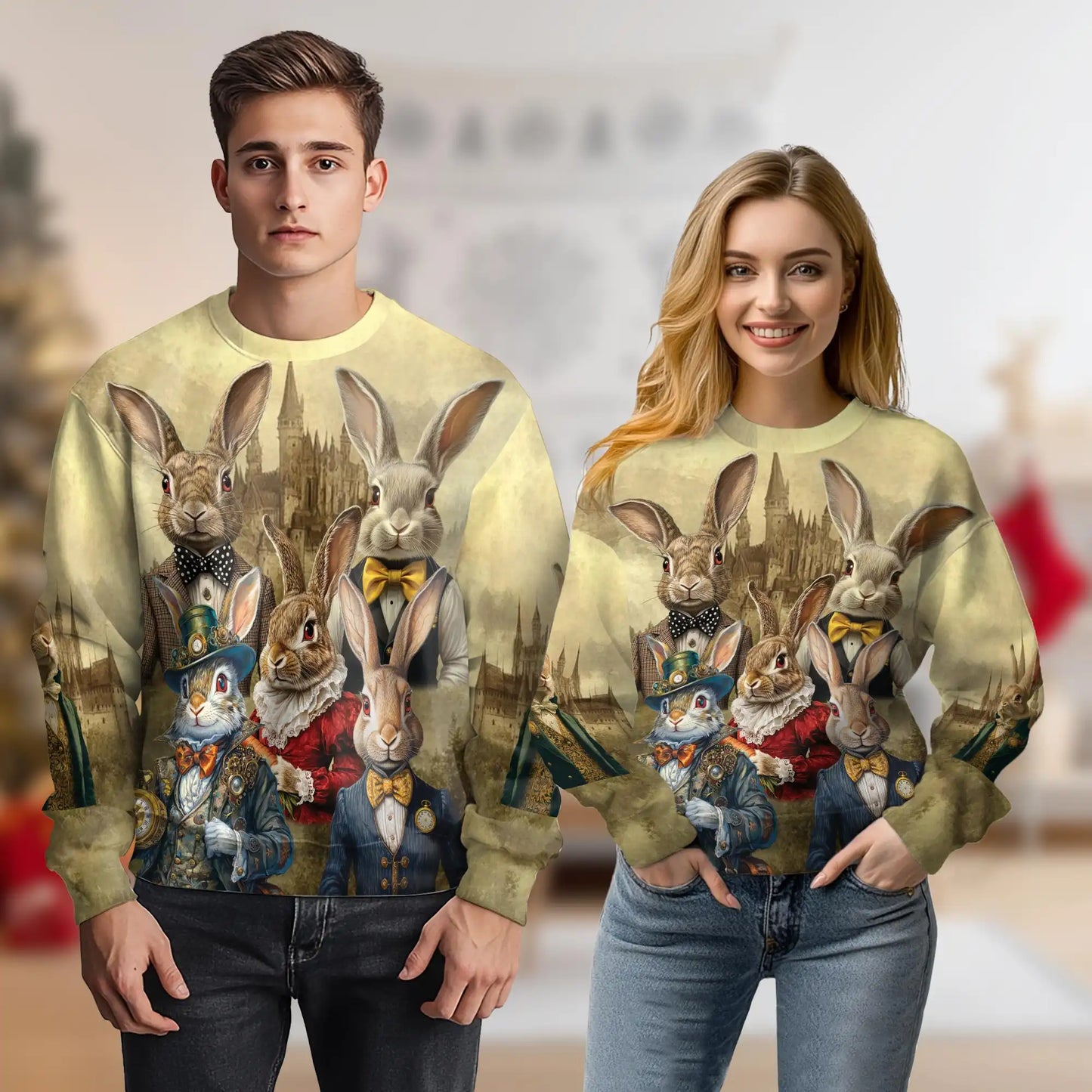 Vintage Rabbit Art Sweatshirt, 3D All Over Print Retro Bunny Crewneck Pullover for Men Women, Rabbit Lover Gift - Netecom