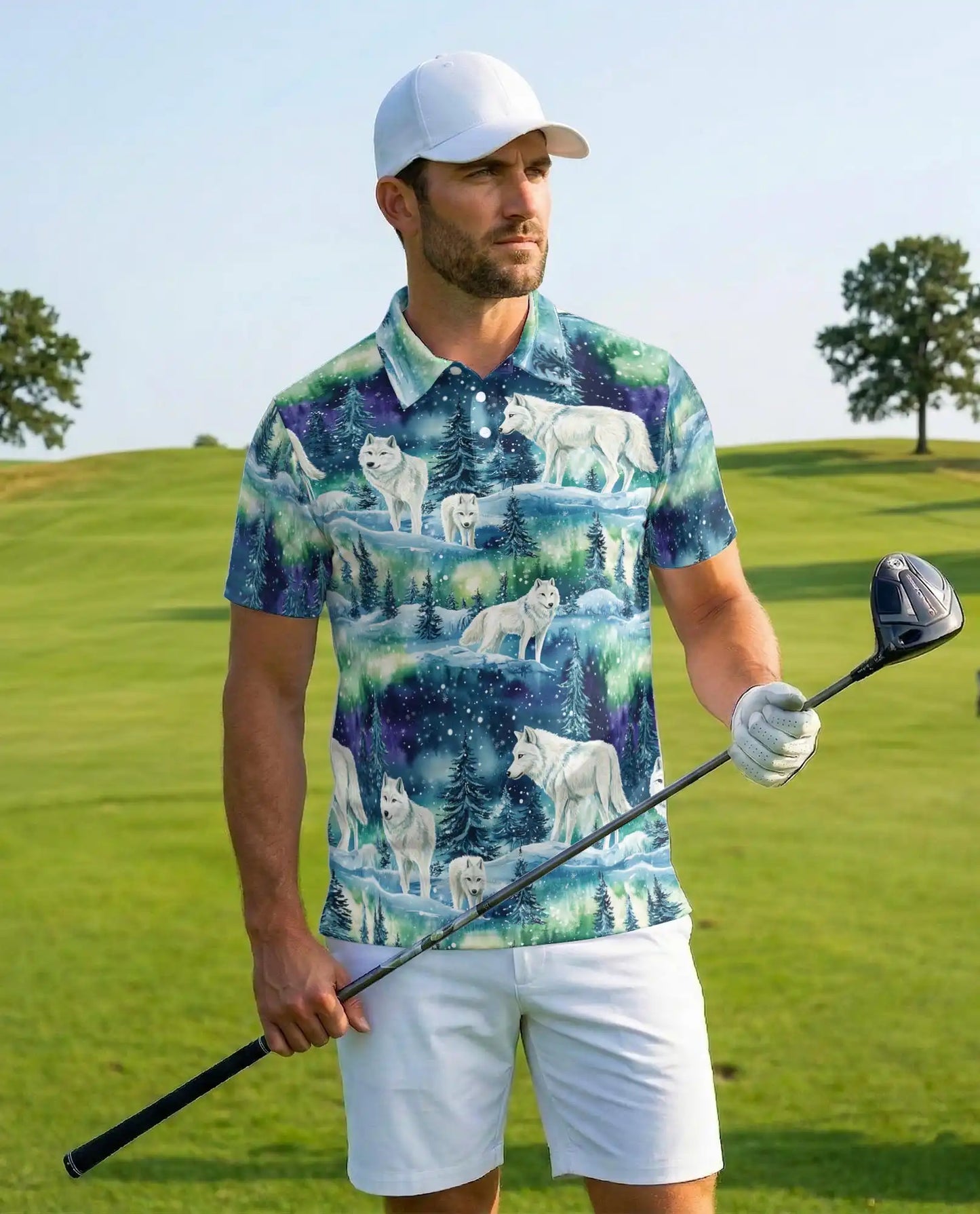 Wolf Aurora Polo Shirt – Northern Lights Winter Scene | Netecom