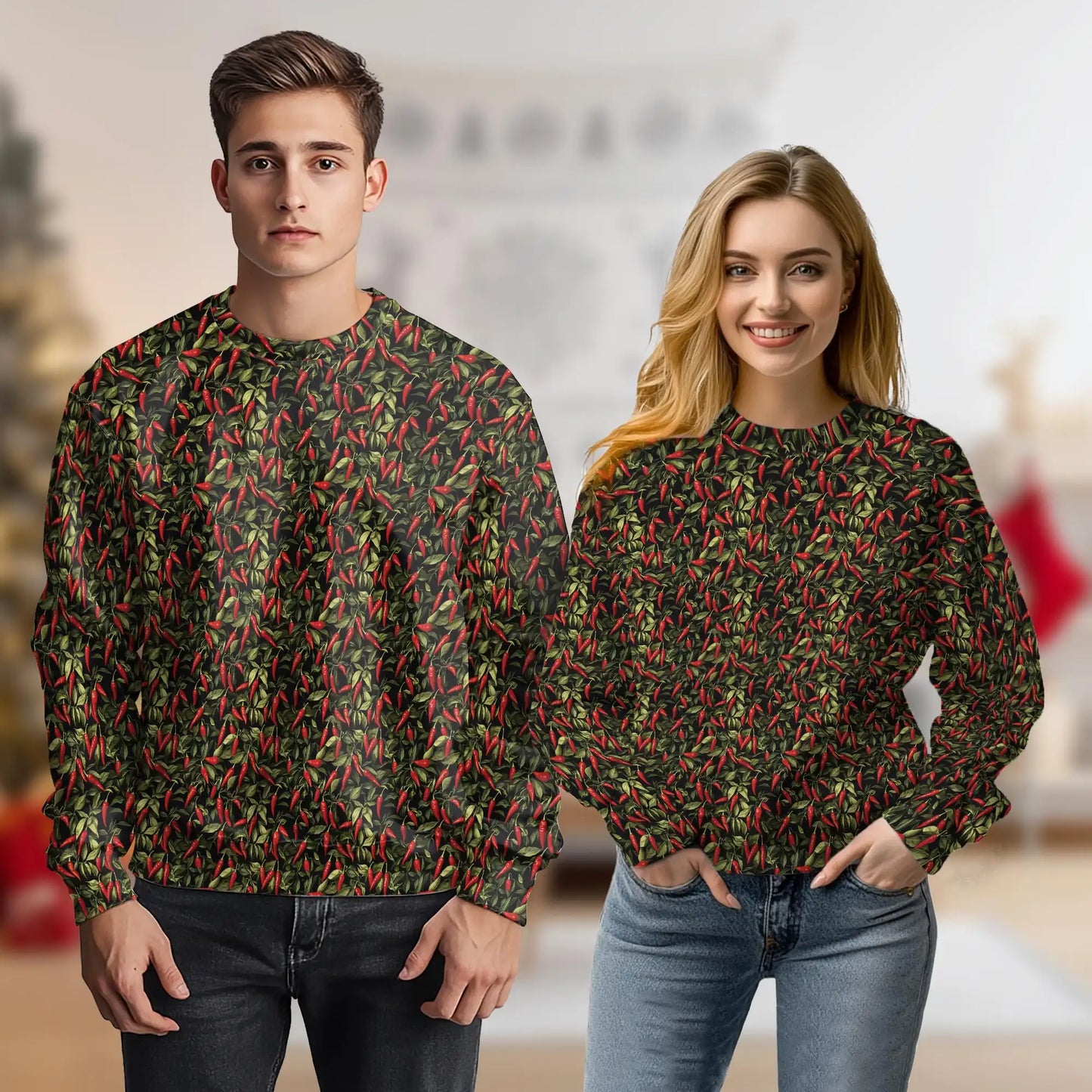 Chili Pepper Pattern Sweatshirt, 3D All Over Print Spicy Food Crewneck Pullover for Men Women, Hot Sauce Lover Gift - Netecom