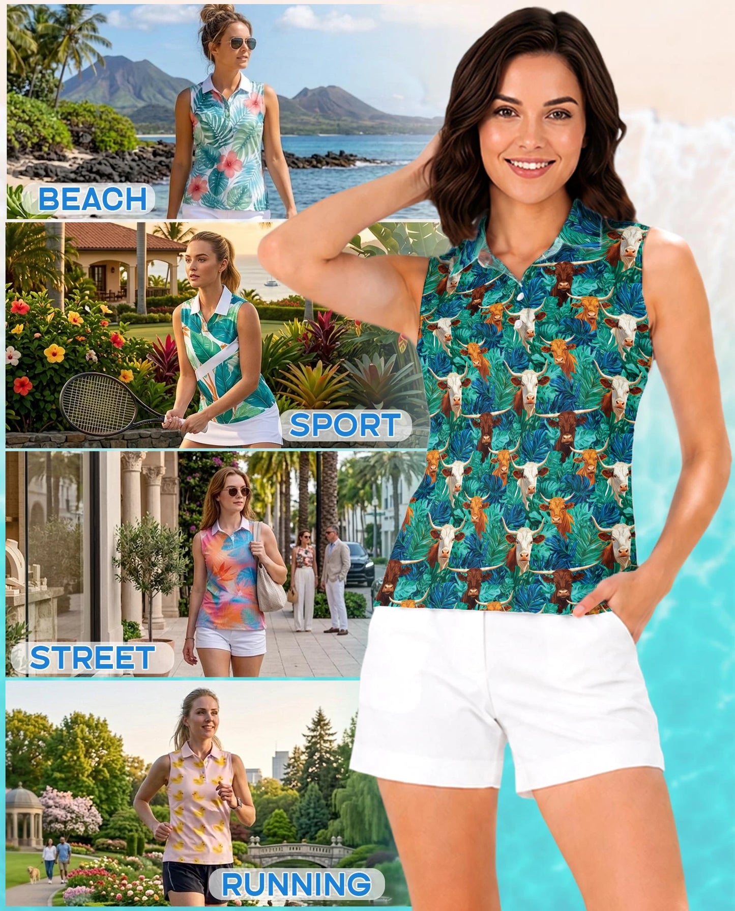 Cow and Tropical Leaves Pattern Sleeveless Polo Shirt for Women | Netecom