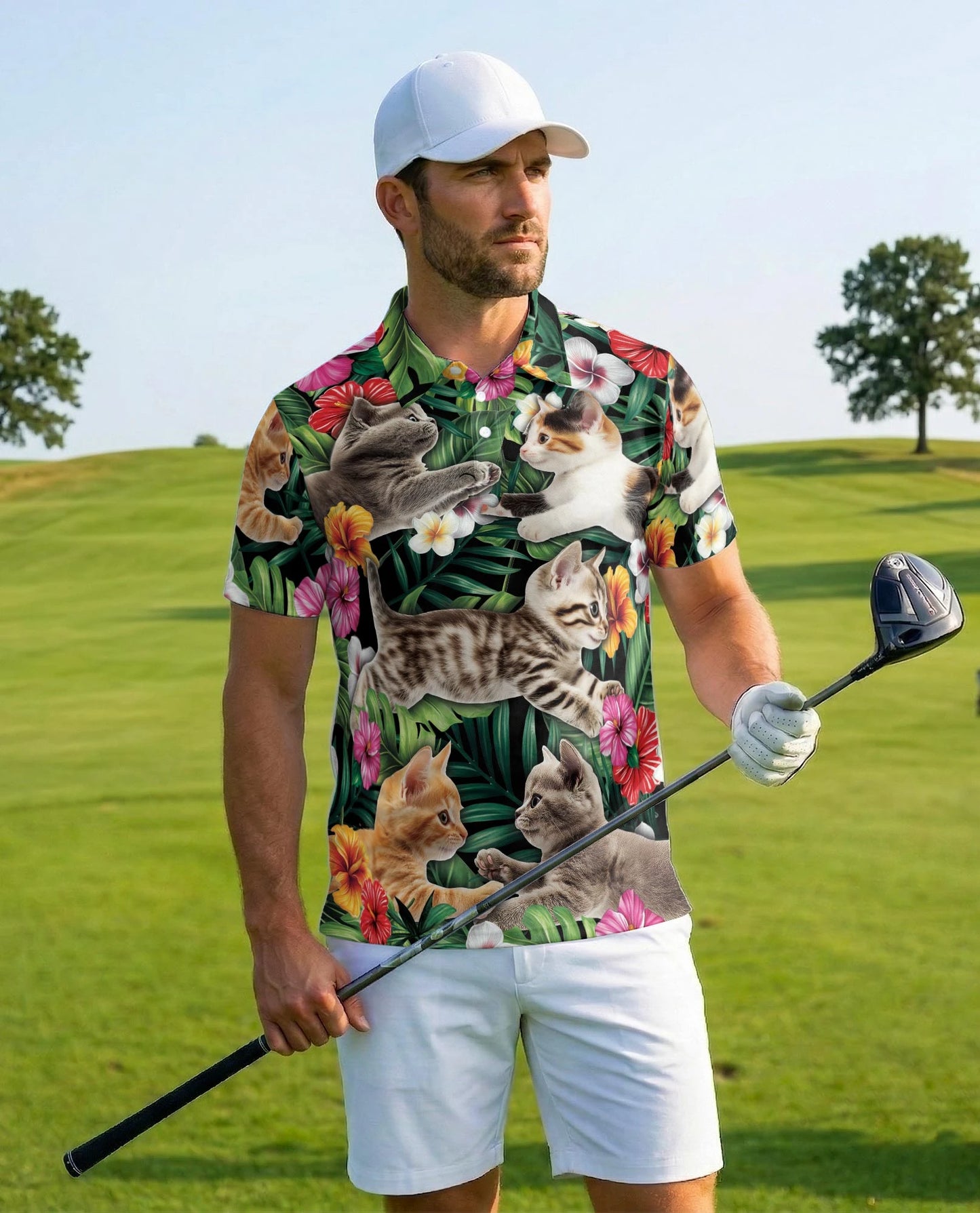 Cat Tropical Floral Polo Shirt for Men – Cute Animal Summer Style | Netecom