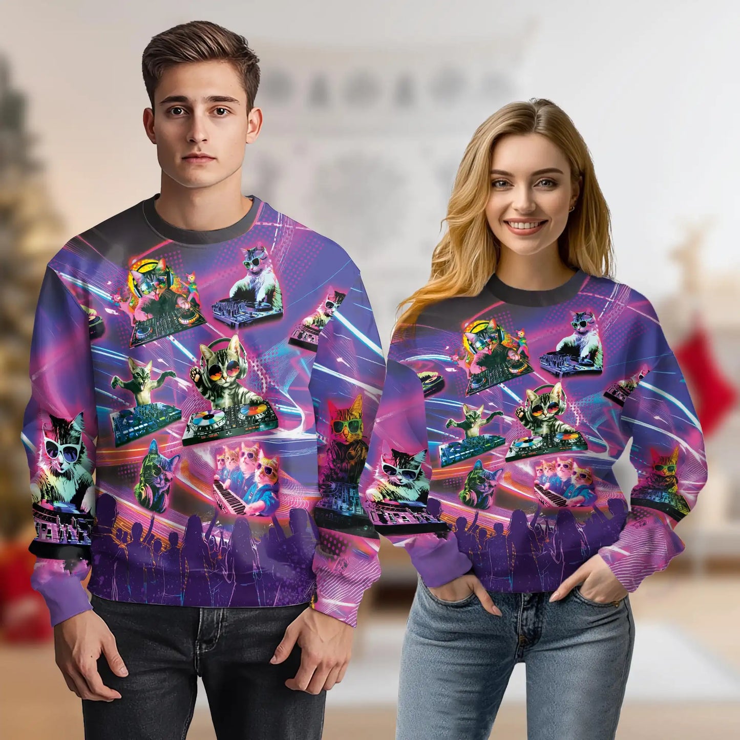 DJ Cat Cool Neon Sweatshirt, 3D All Over Print Funny Music Cat Crewneck Pullover for Men Women, DJ Cat Lover Gift - Netecom