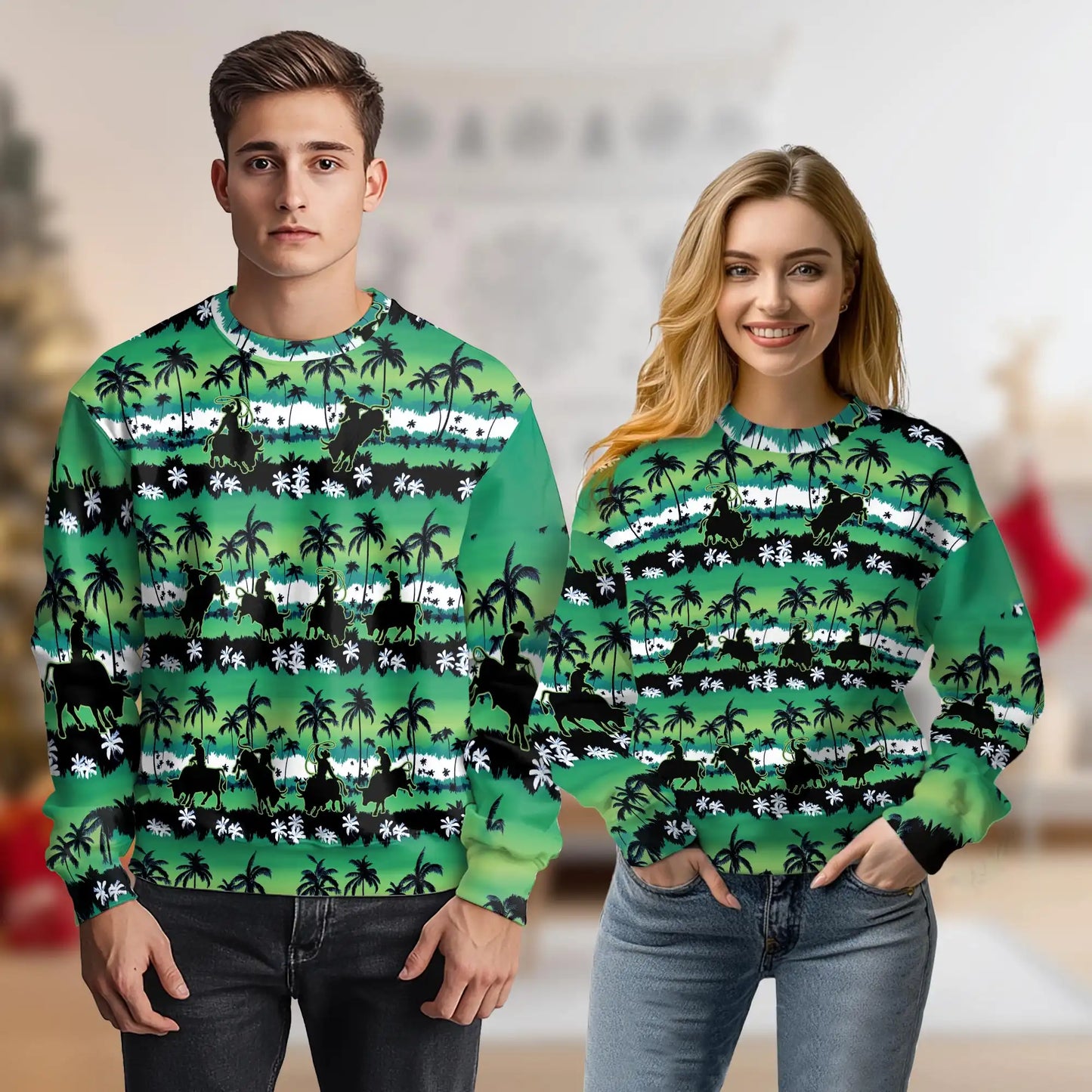 Bull Riding Sweatshirt, 3D All Over Print Green Palm Tree Rodeo Crewneck Pullover for Men Women, Bull Rider Gift - Netecom