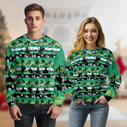 Bull Riding Sweatshirt, 3D All Over Print Green Palm Tree Rodeo Crewneck Pullover for Men Women, Bull Rider Gift - Netecom
