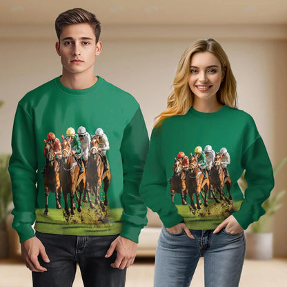 Green Horse Racing Sweatshirt, 3D All Over Print Equestrian Sports Crewneck Pullover for Men Women, Horse Racing Lover Gift - Netecom