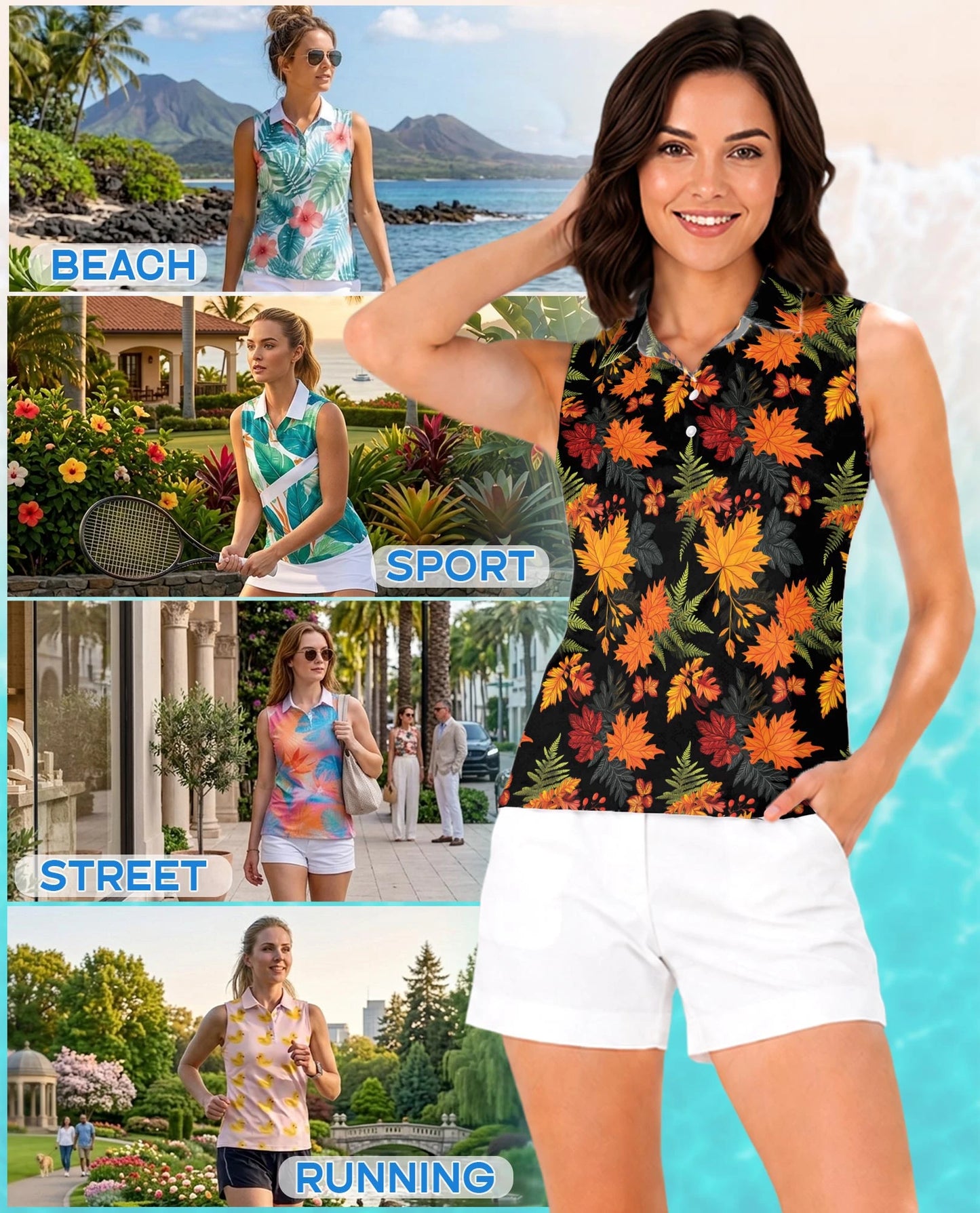 Autumn Maple Leaf Pattern Sleeveless Polo Shirt for Women | Netecom