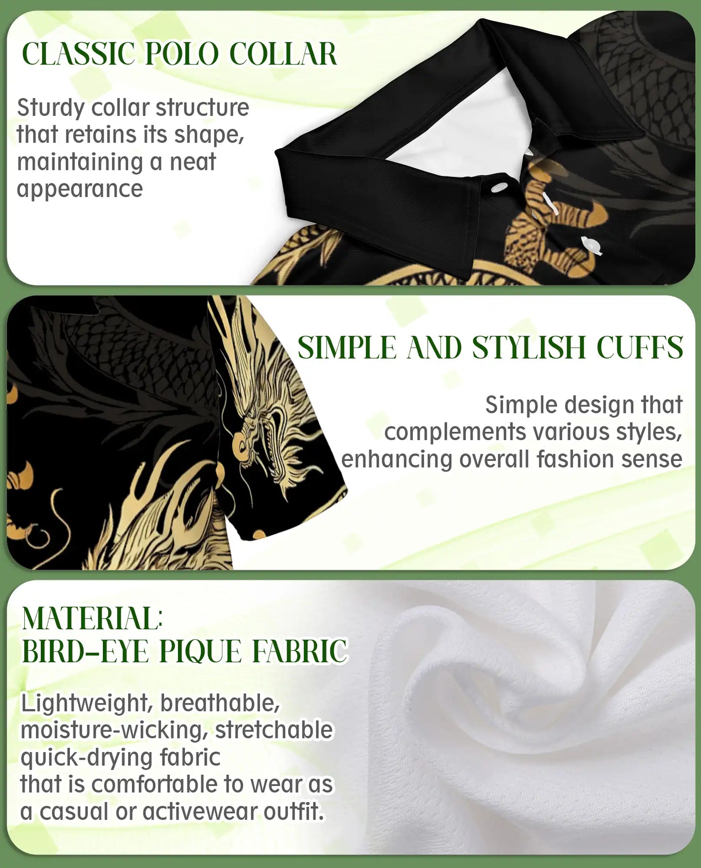 Gold Dragon 3D Polo Shirt for Men – Black Asian Fantasy Art Style | Netecom