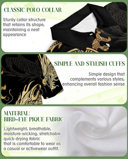 Gold Dragon 3D Polo Shirt for Men – Black Asian Fantasy Art Style | Netecom