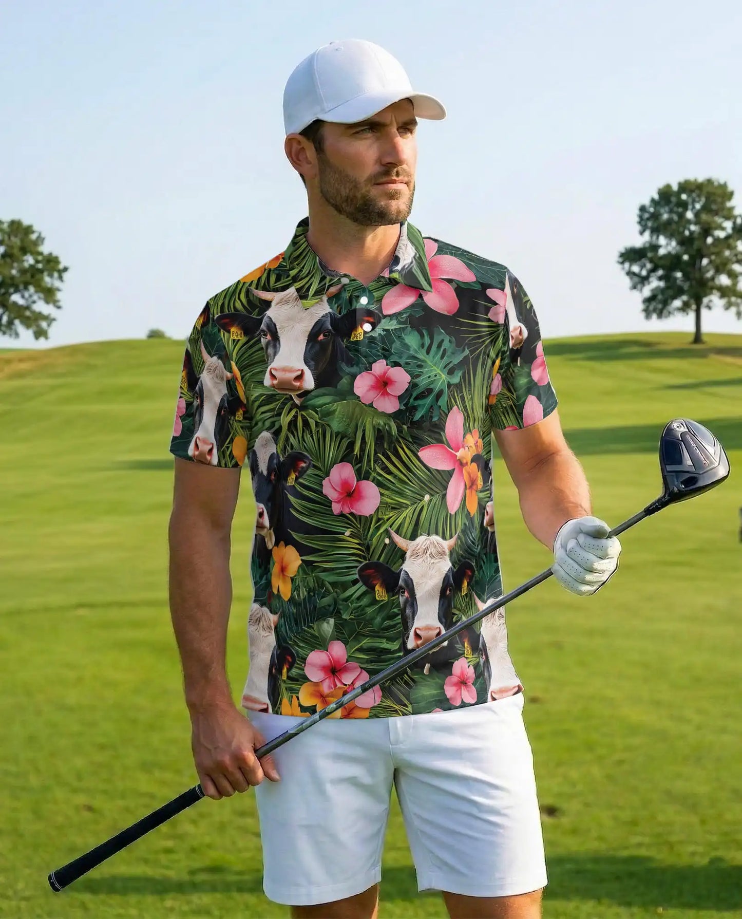 Holstein Cow Tropical Polo Shirt - Hawaiian Farm Animal Floral Design | Netecom
