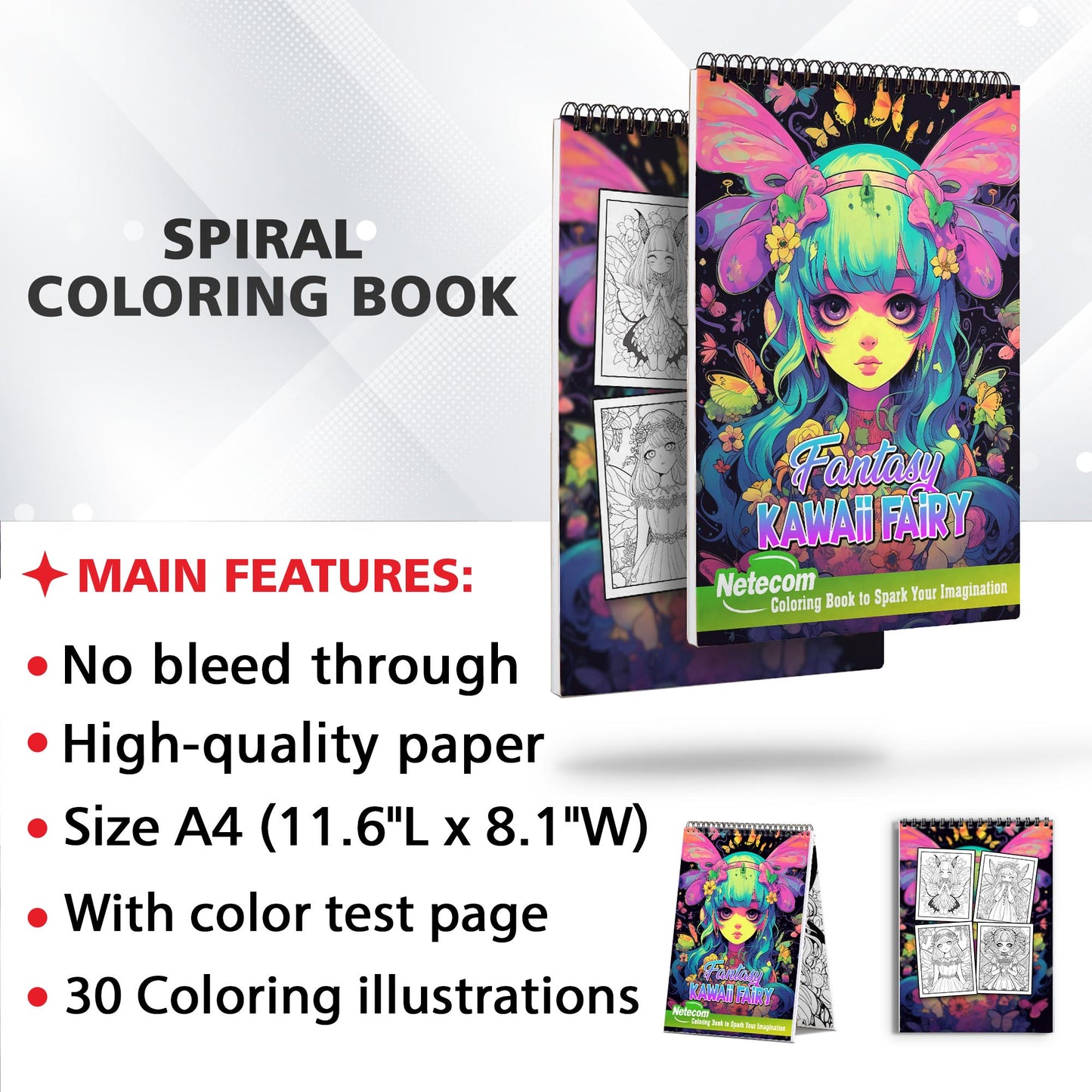 Fantasy Kawaii Fairy Spiral Bound Coloring Book, Embark on a Coloring Journey with 30 Pages, Featuring Adorable Kawaii Fairies in Magical Settings