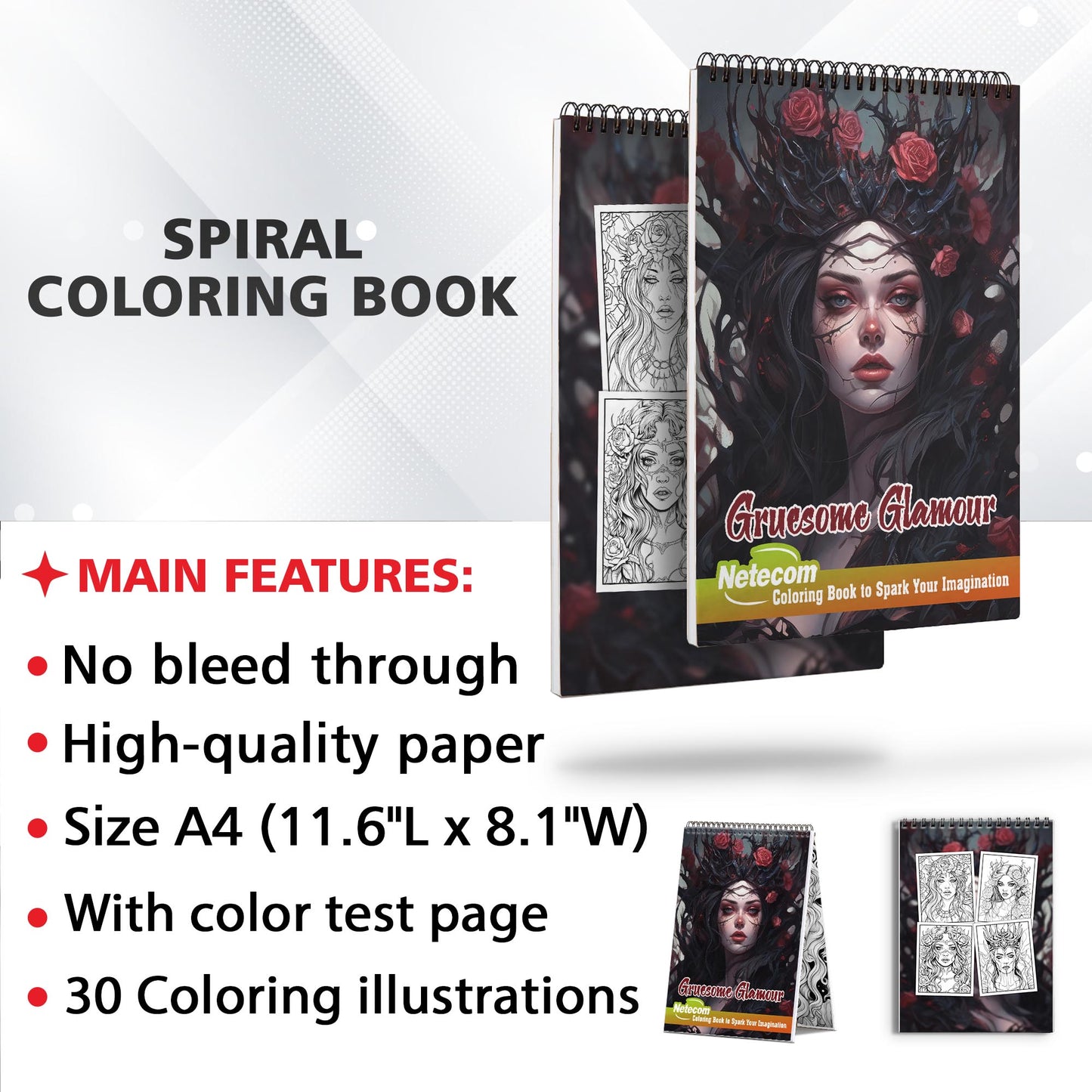 Gruesome Glamour Spiral Bound Coloring Book, Embrace the Elegance of the Gruesome with 30 Gruesome Glamour Coloring Pages, Offering a Captivating and Spooky Coloring Experience