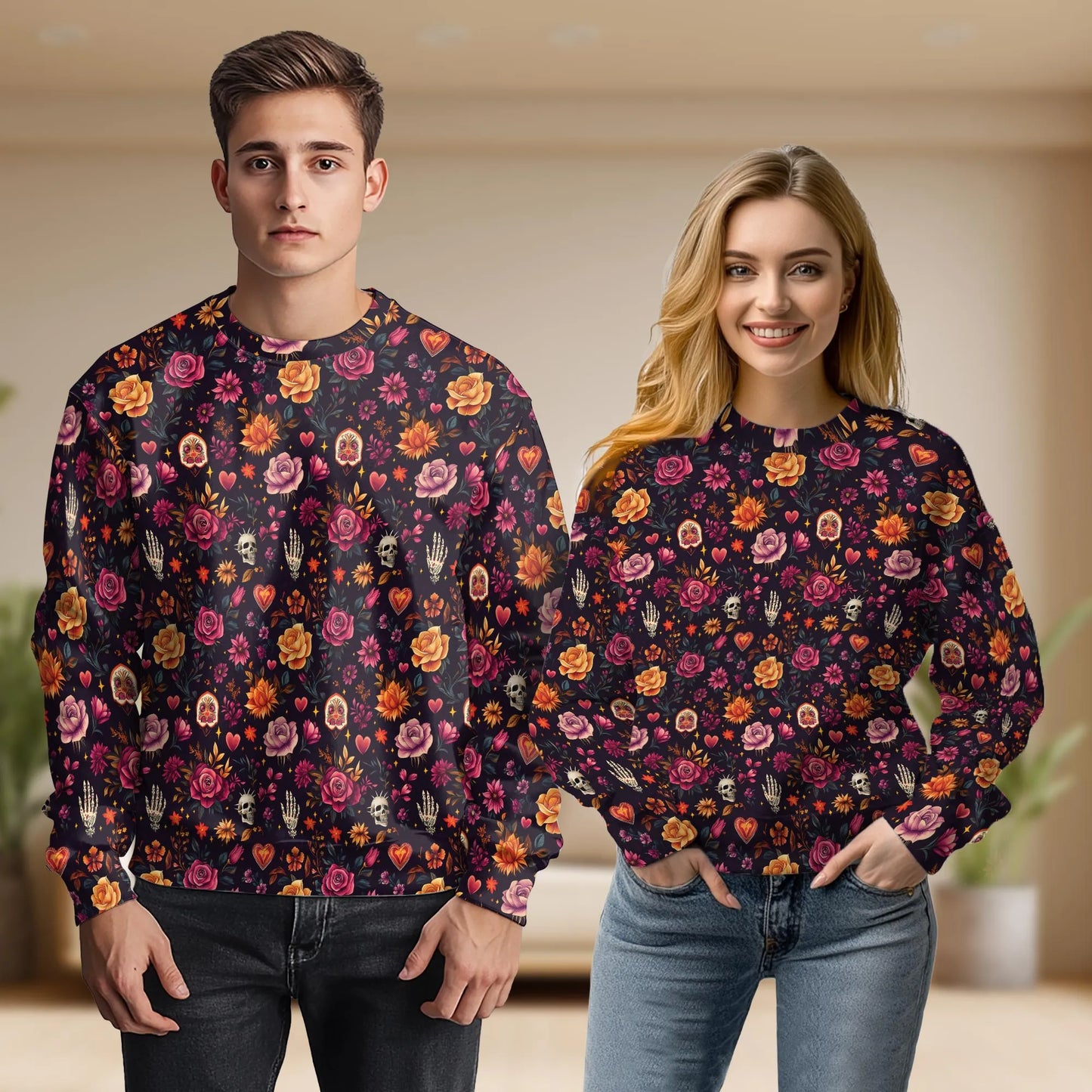 Skull and Hand Bones Floral Pattern Sweatshirt, 3D All Over Print Gothic Flower Crewneck Pullover for Men Women, Skull Art Lover Gift - Netecom