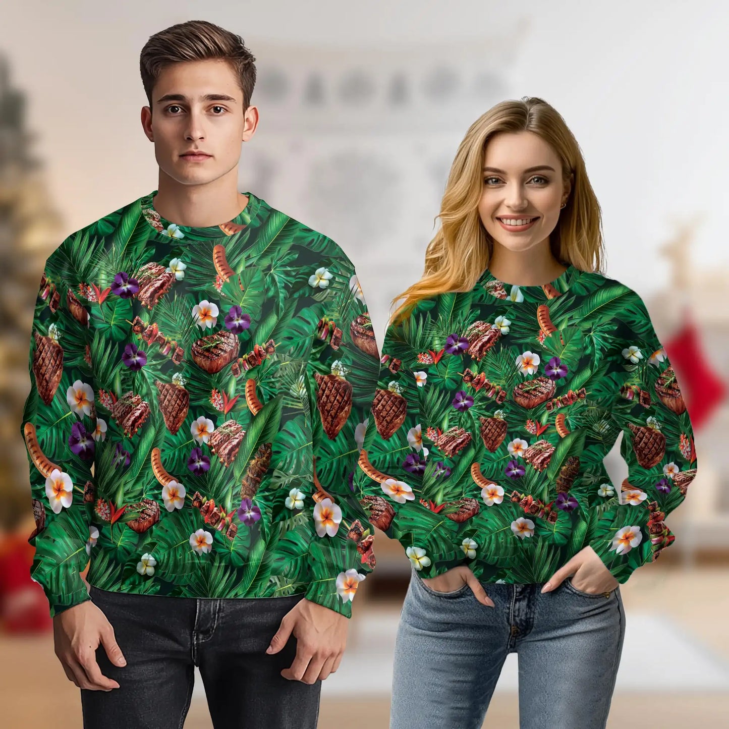 BBQ Lovers Sweatshirt, 3D All Over Print Green Floral Barbecue Crewneck Pullover for Men Women, BBQ Lover Gift - Netecom