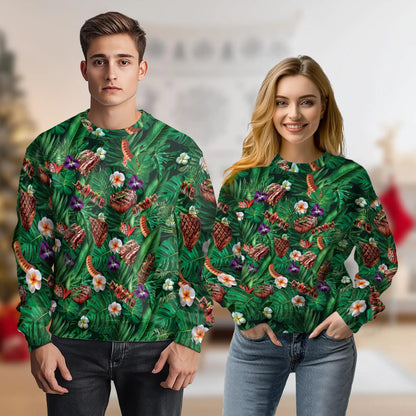 BBQ Lovers Sweatshirt, 3D All Over Print Green Floral Barbecue Crewneck Pullover for Men Women, BBQ Lover Gift - Netecom