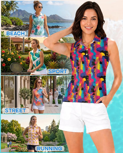80s Memphis Pattern Sleeveless Polo Shirt for Women | Netecom