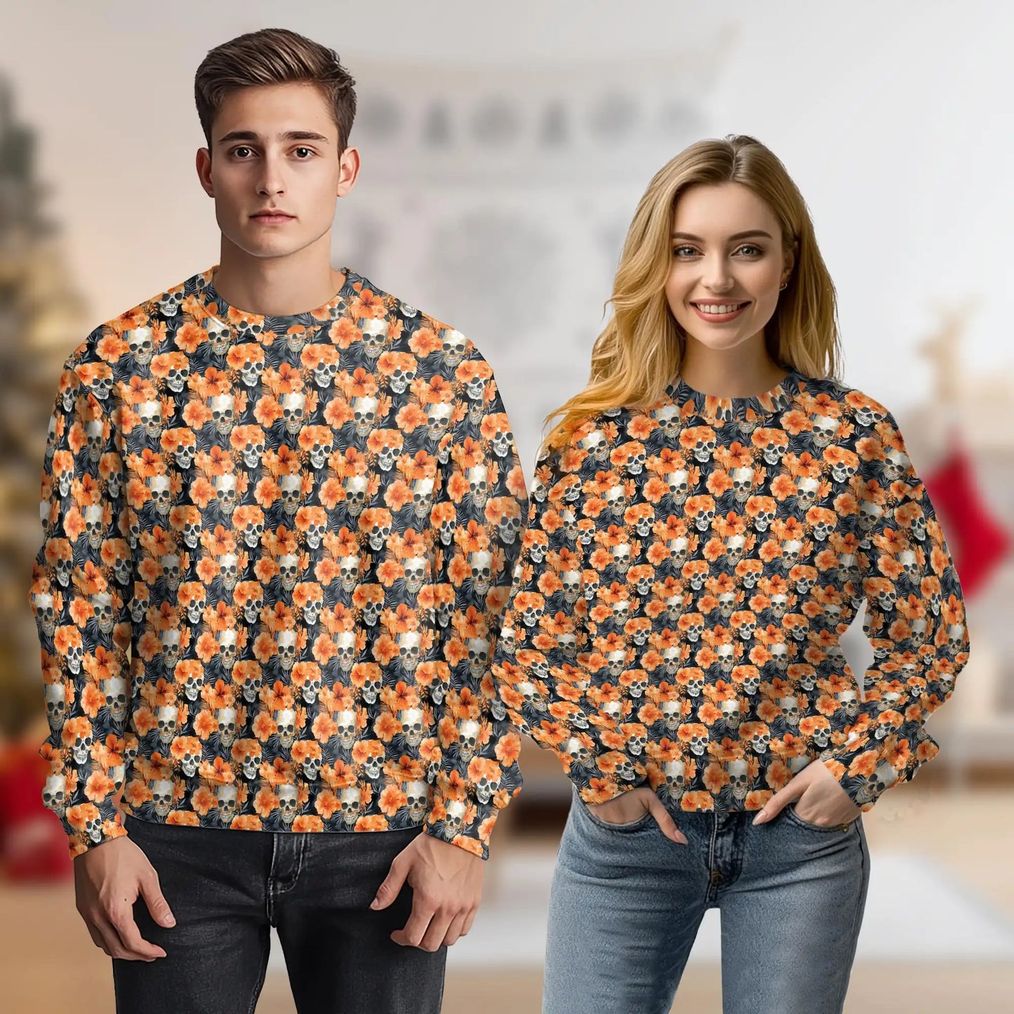 Orange Skull Sweatshirt, 3D All Over Print Halloween Gothic Crewneck Pullover for Men Women, Skull Lover Gift - Netecom