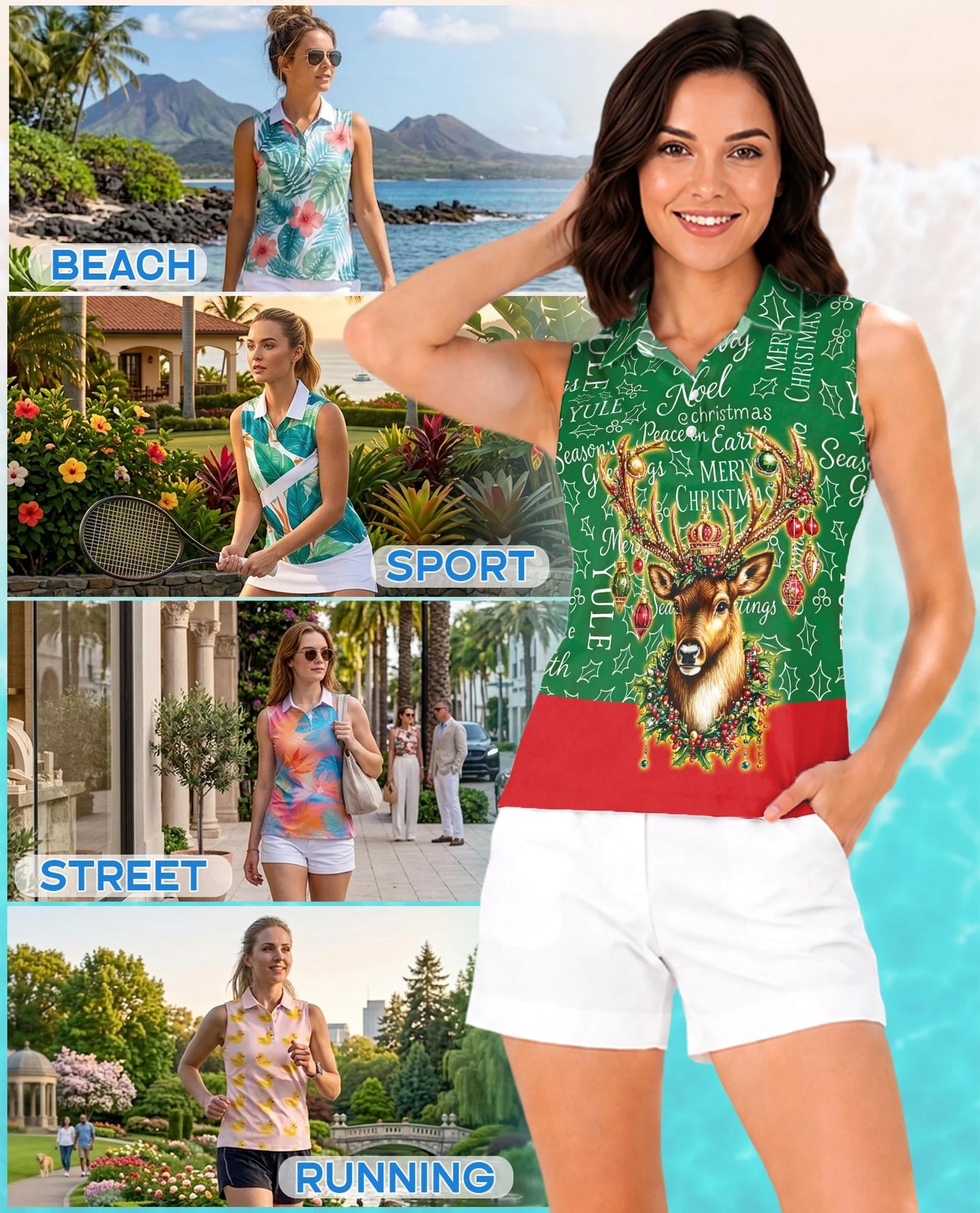 Santa Claus Sleeveless Polo Shirt for Women | Netecom
