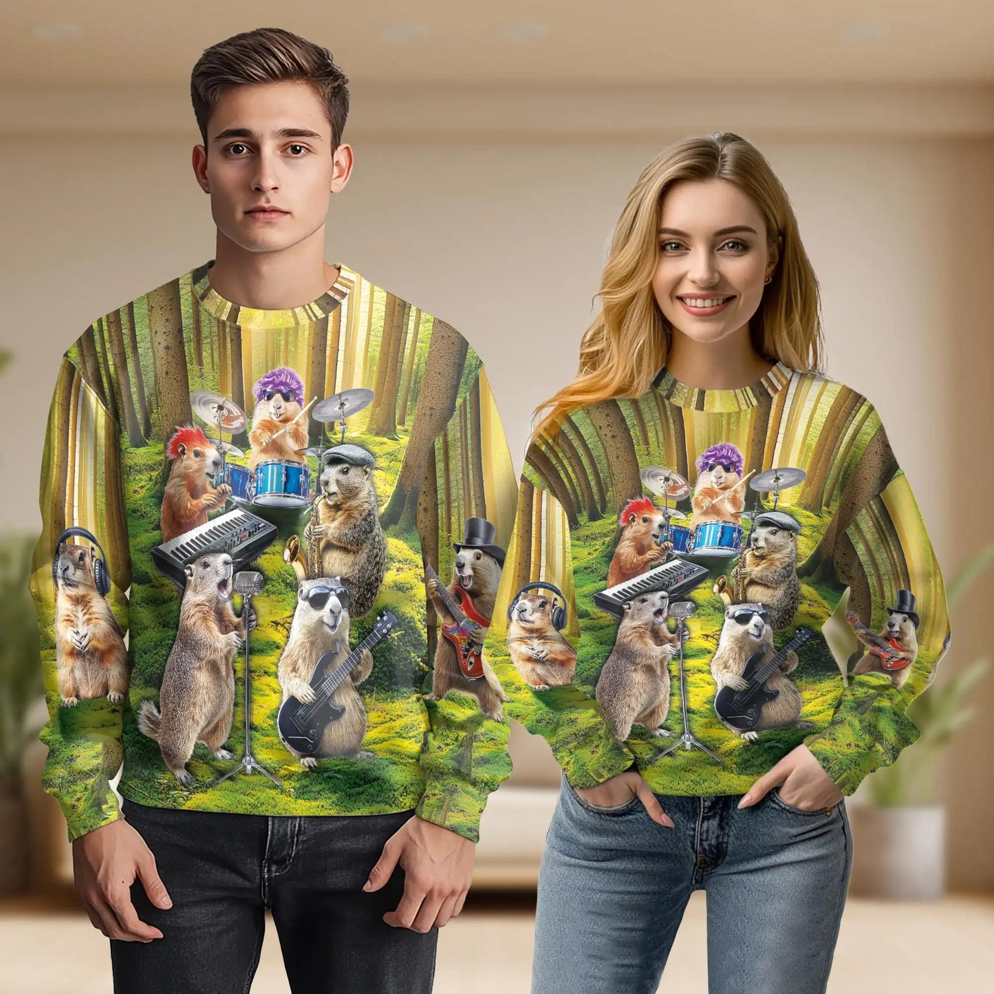 Musical Groundhog Sweatshirt, 3D All Over Print Funny Music Animal Crewneck Pullover for Men Women, Groundhog Lover Gift - Netecom