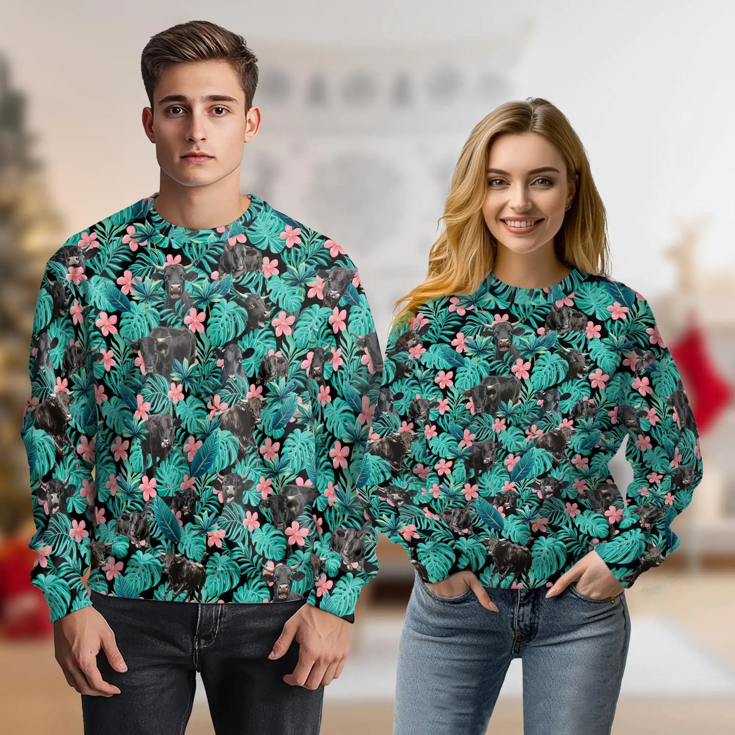 Tropical Black Cow Lover Sweatshirt, 3D All Over Print Farm Animal Beach Crewneck Pullover for Men Women, Cow Lover Gift - Netecom