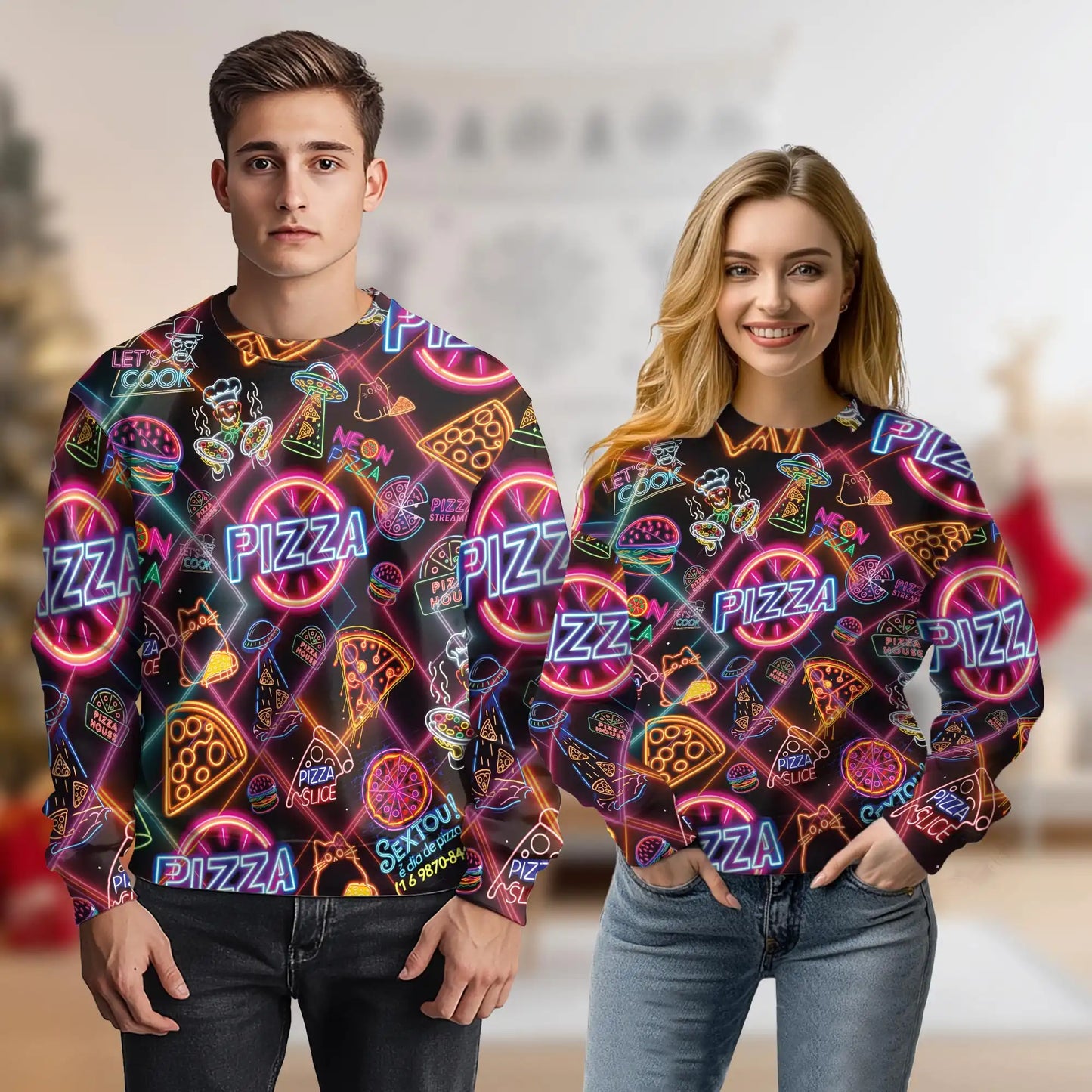 Vibrant Neon Pizza Pattern Sweatshirt, 3D All Over Print Colorful Food Crewneck Pullover for Men Women, Pizza Lover Gift - Netecom