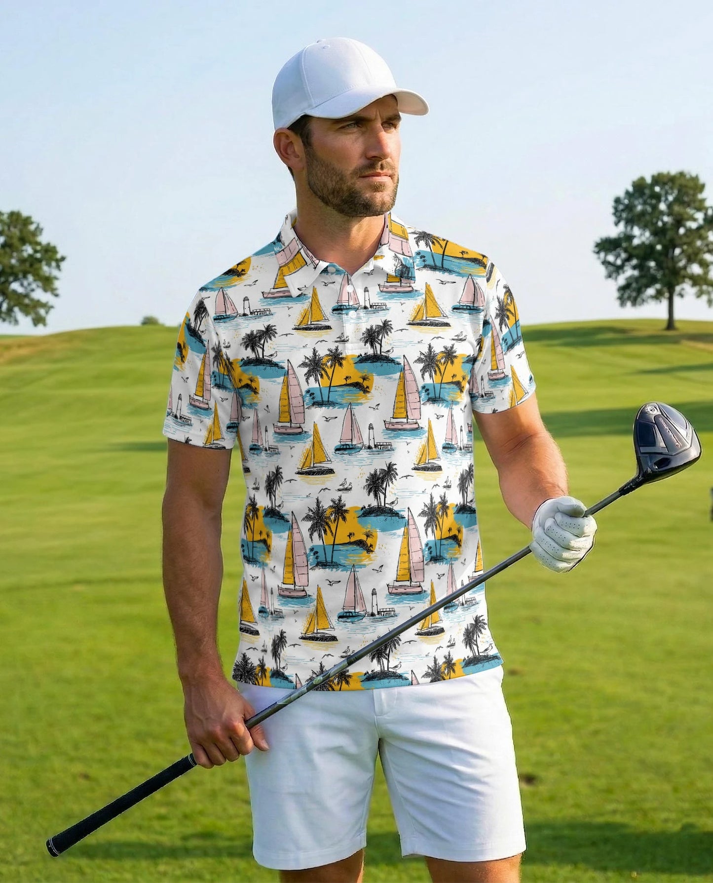 Tropical Sailboats Polo Shirt for Men – Coastal Nautical Style | Netecom
