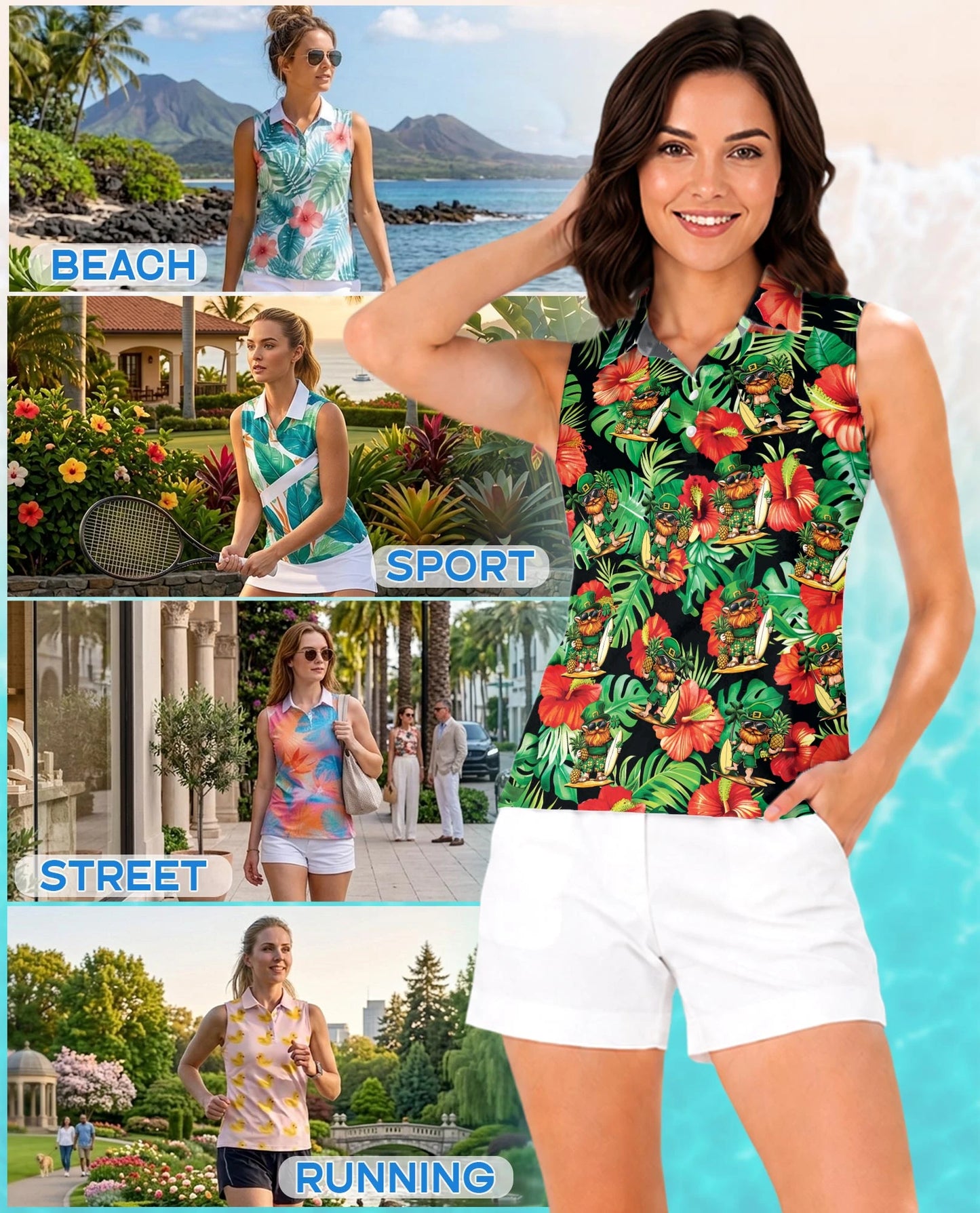 Funny Surfing Leprechaun Tropical Sleeveless Polo Shirt for Women | Netecom