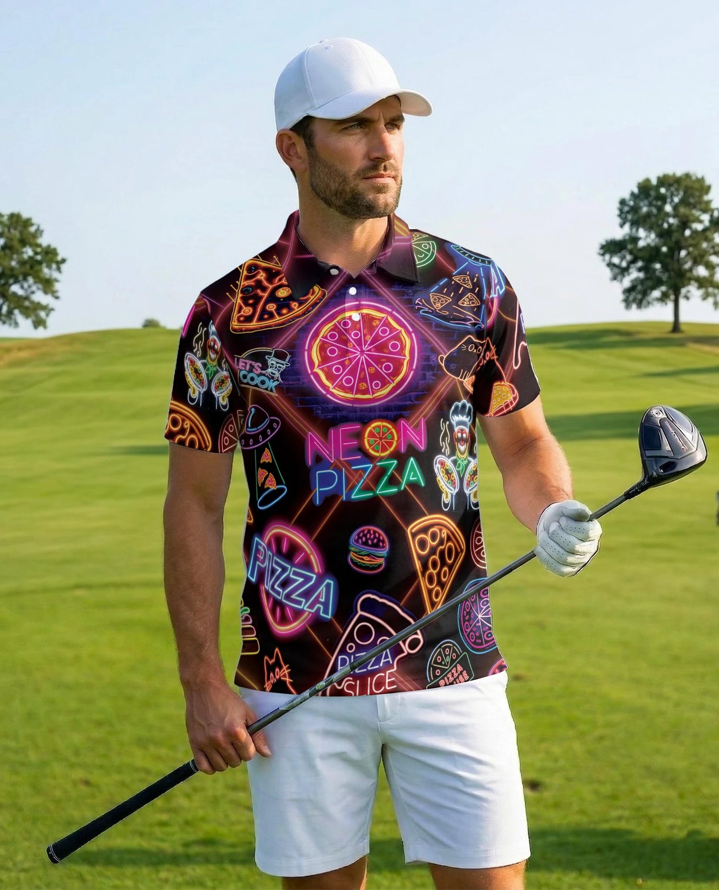 Neon Pizza Polo Shirt for Men – Colorful Food Lover Style | Netecom
