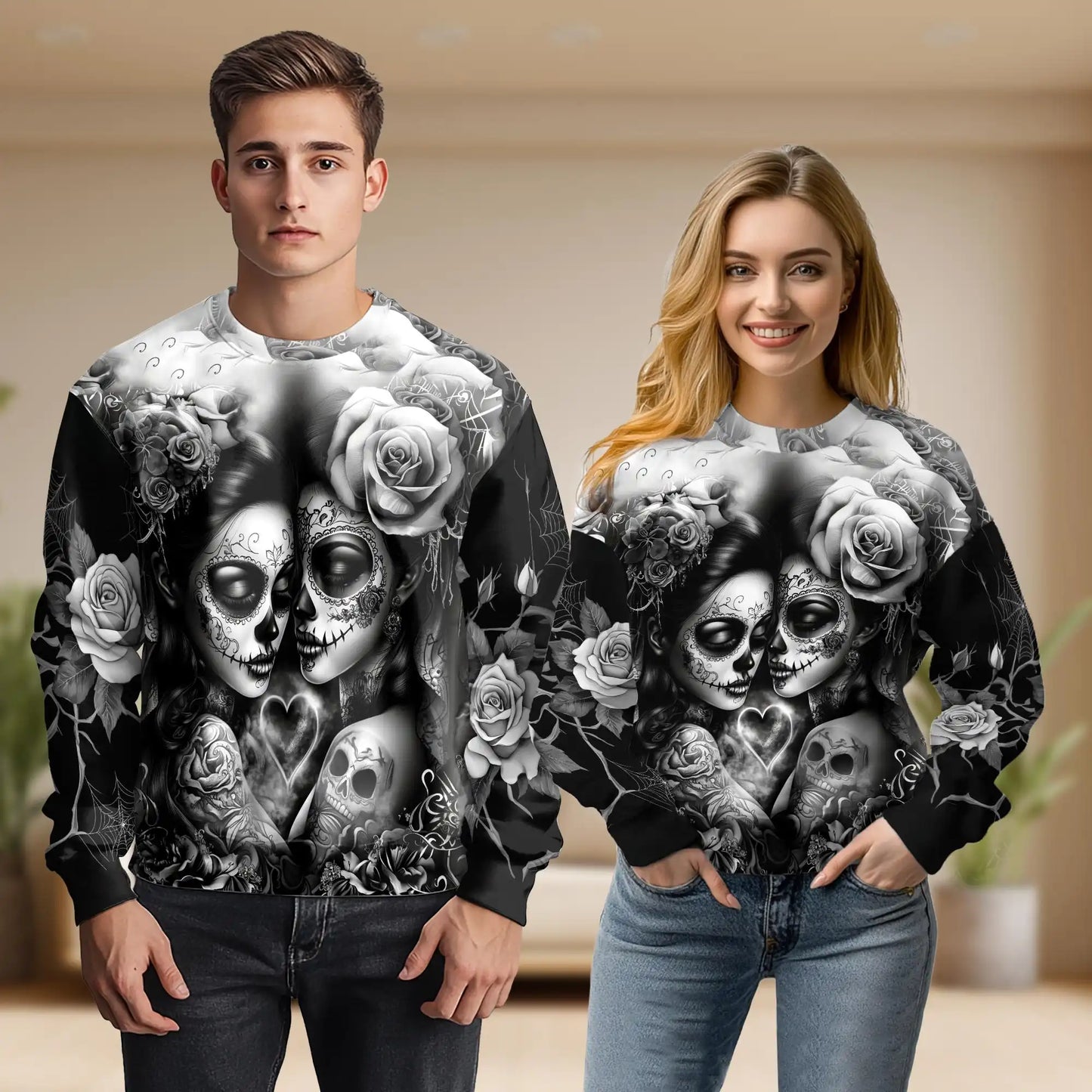 Lesbian Skull Couple Sweatshirt, 3D All Over Print Gothic Love Crewneck Pullover for Men Women, LGBTQ Pride Gift - Netecom