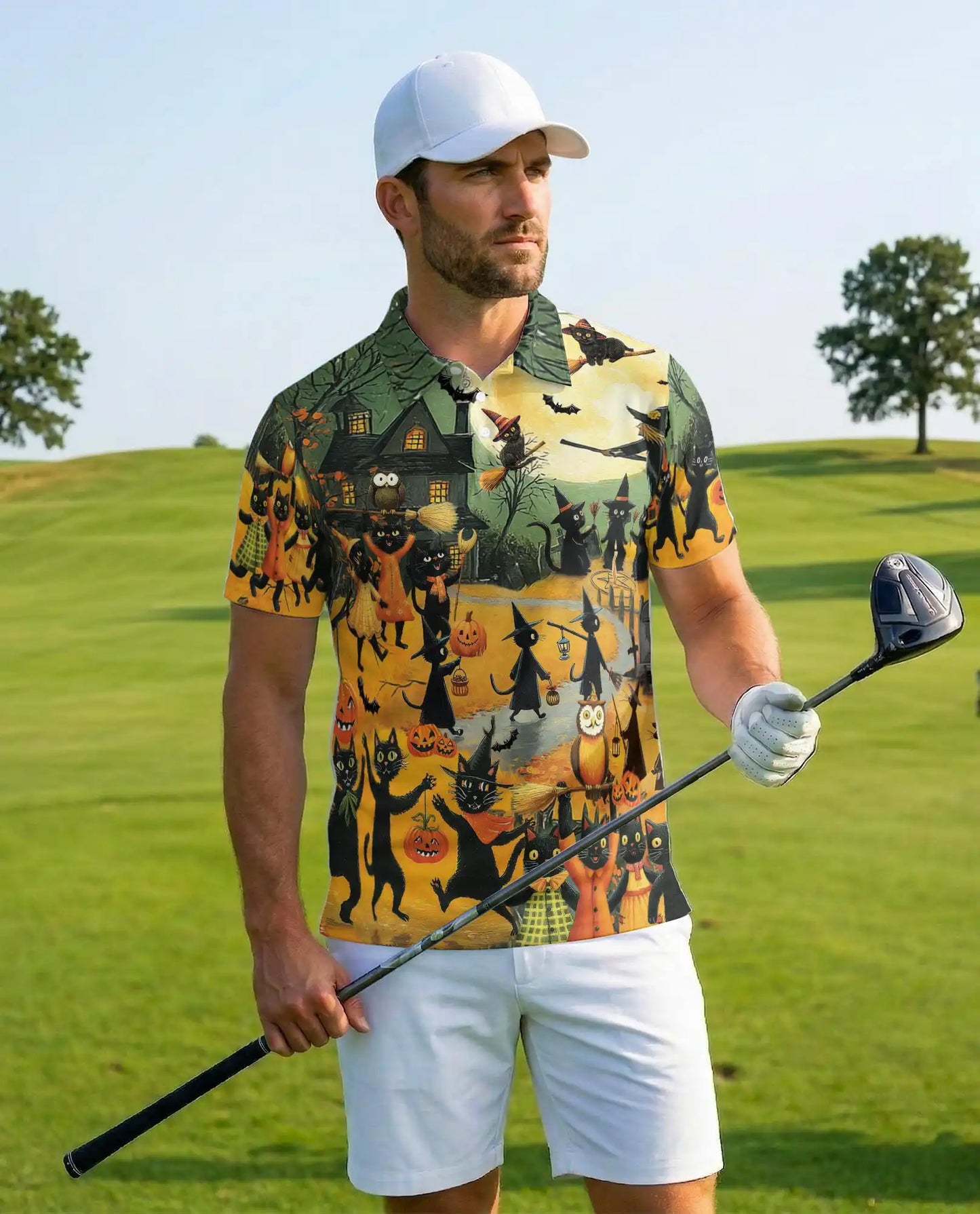 Halloween Cat Parade Polo Shirt for Men – Spooky Black Cats Print | Netecom