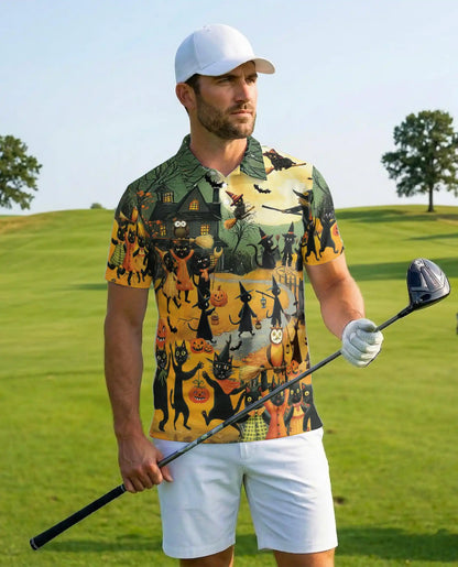 Halloween Cat Parade Polo Shirt for Men – Spooky Black Cats Print | Netecom