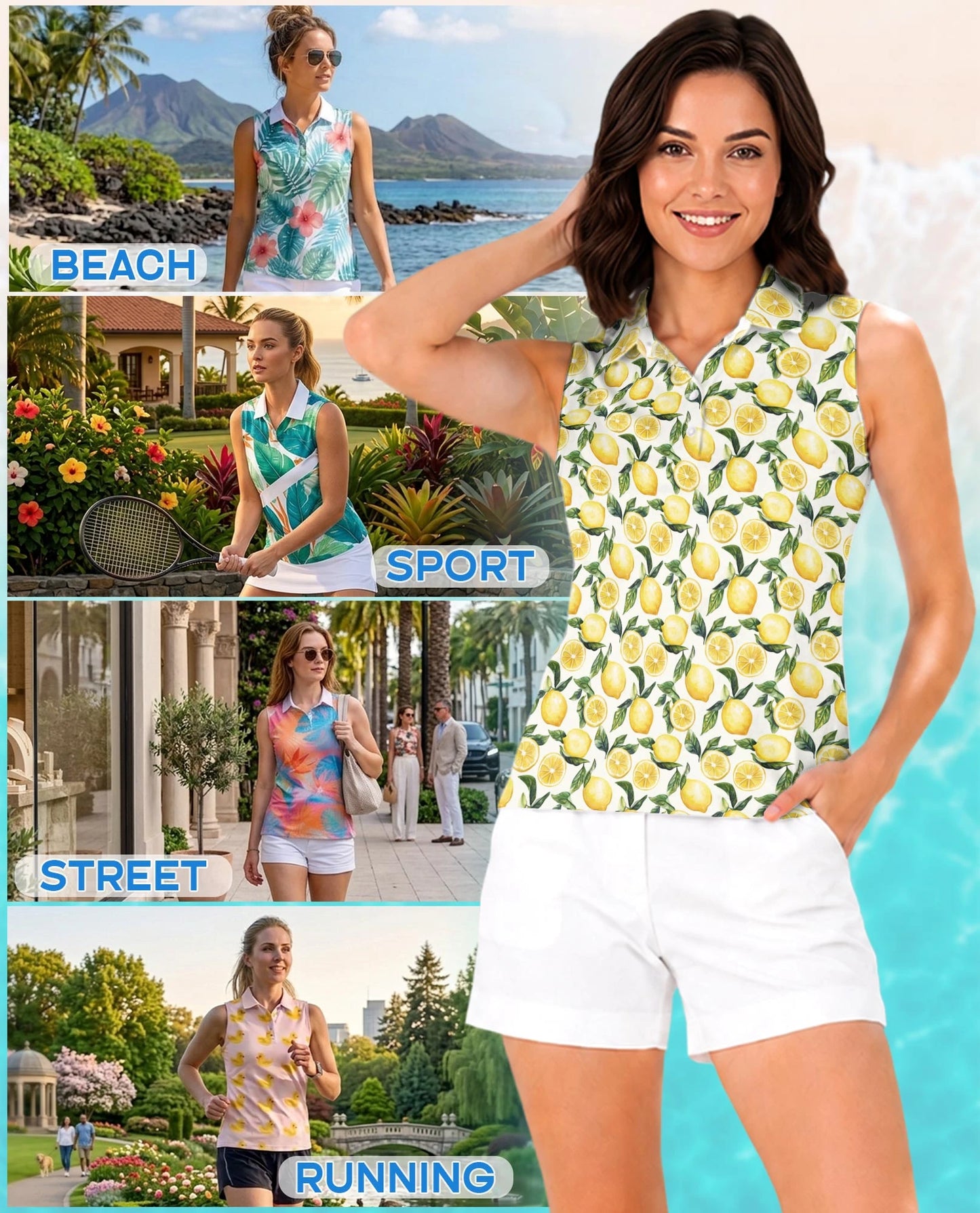 Lemon Pattern Sleeveless Polo Shirt for Women | Netecom