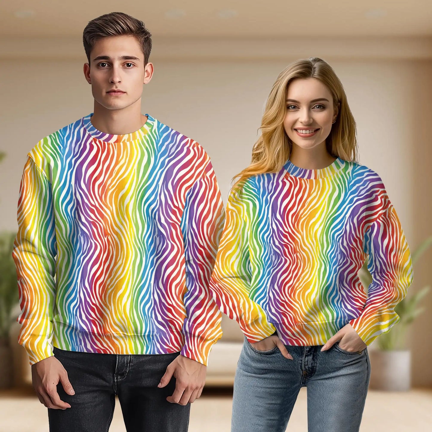Rainbow Zebra Pattern Sweatshirt, 3D All Over Print Colorful Wild Animal Crewneck Pullover for Men Women, Zebra Lover Gift - Netecom