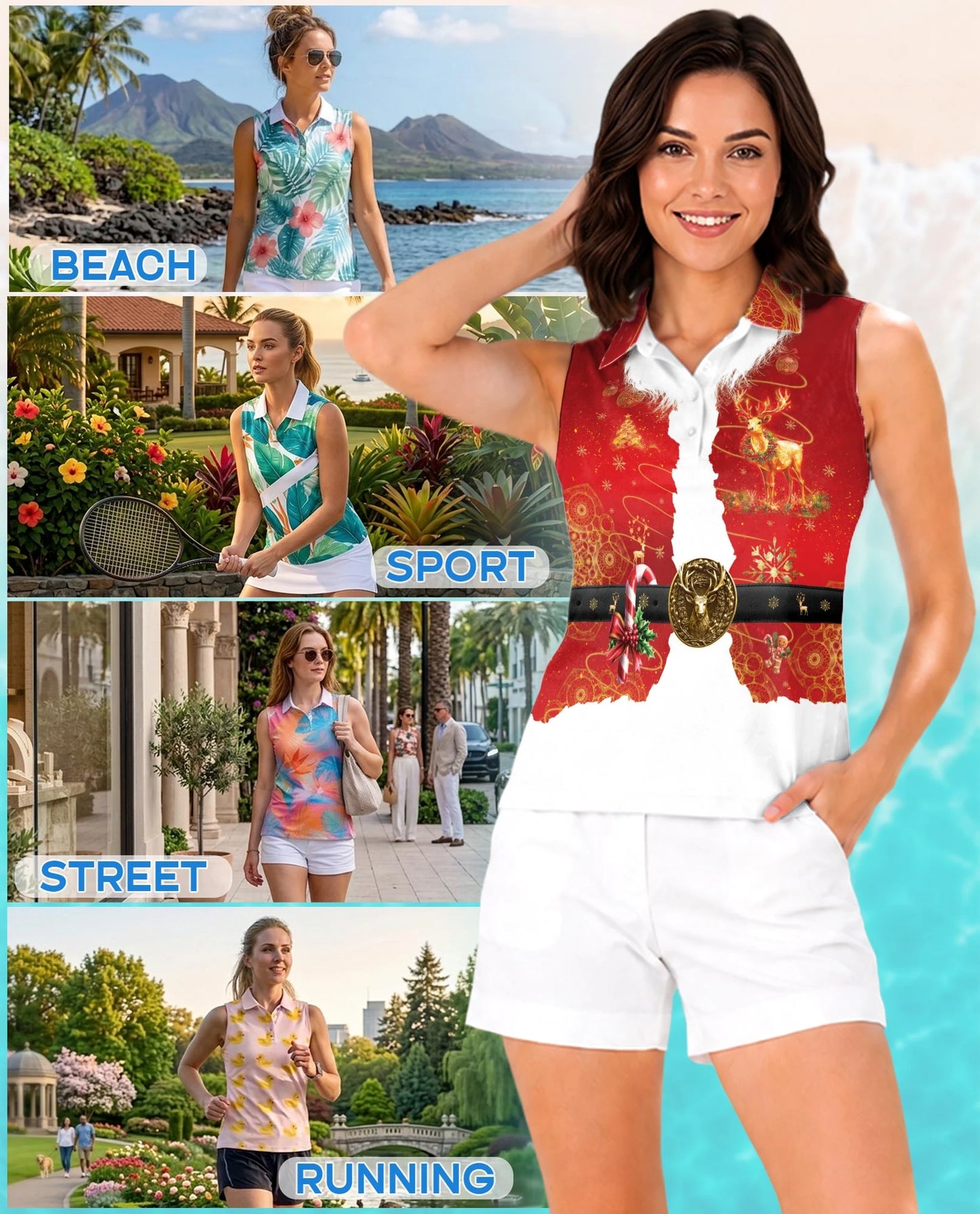 Santa Claus Christmas Costume Sleeveless Polo Shirt for Women | Netecom