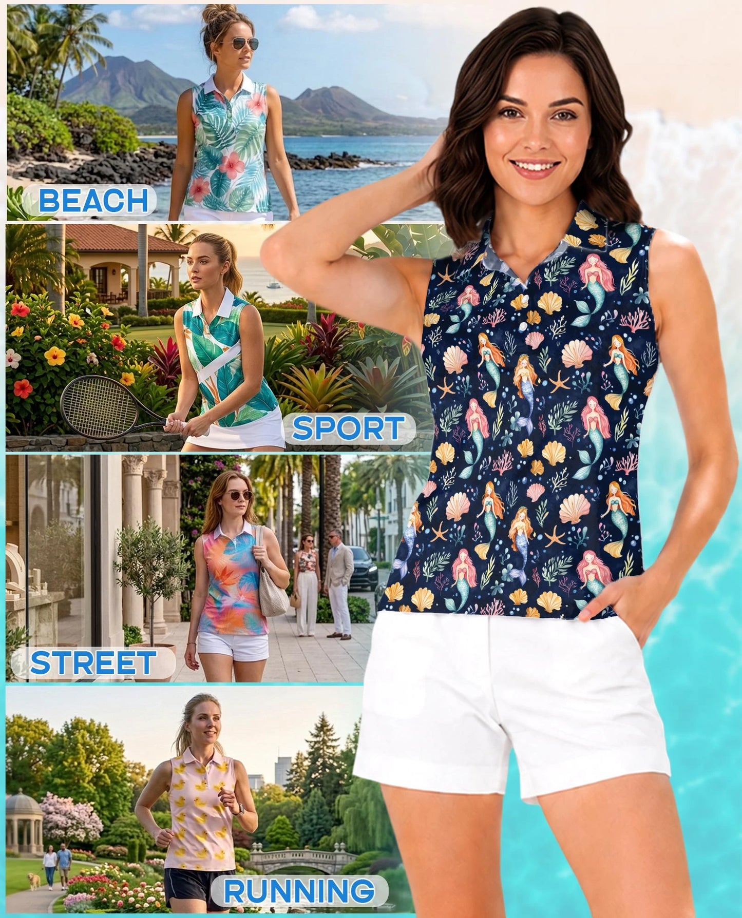 Cute Mermaid Sleeveless Polo Shirt for Women | Netecom