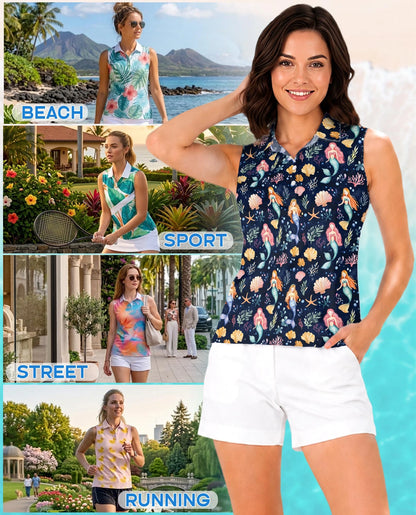 Cute Mermaid Sleeveless Polo Shirt for Women | Netecom