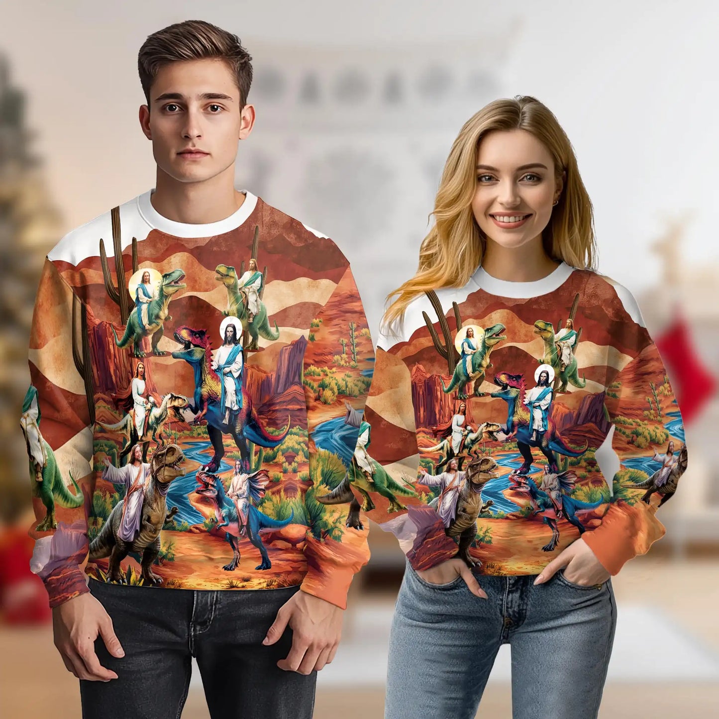 Jesus Riding Dinosaur Orange Sweatshirt, 3D All Over Print Christian Prehistoric Crewneck Pullover for Men Women, Jesus and Dinosaur Lover Gift - Netecom