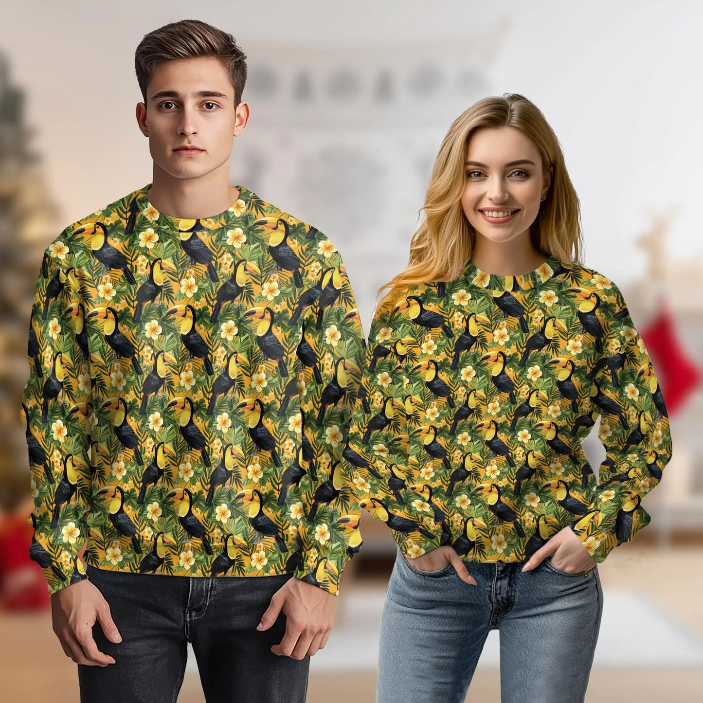 Toucan Plumeria Tropical Yellow Pattern Sweatshirt, 3D All Over Print Exotic Bird Floral Crewneck Pullover for Men Women, Toucan Lover Gift - Netecom