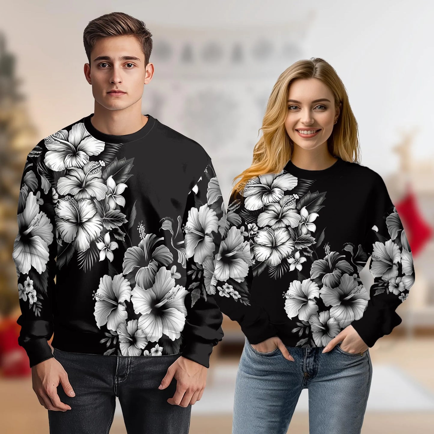 Black and White Hibiscus Polynesian Sweatshirt, 3D All Over Print Tribal Tropical Floral Crewneck Pullover for Men Women, Hibiscus Lover Gift - Netecom