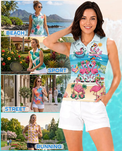 Flamingo Cocktails Beach Sleeveless Polo Shirt for Women – Tropical Summer Style | Netecom