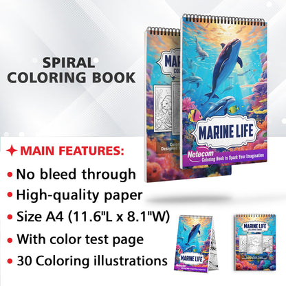 Marine Life Spiral Bound Coloring Book, Discover the Marvels of the Sea with 30 Pages of Intricate Coloring Artwork, Celebrating Marine Life in all its Splendor