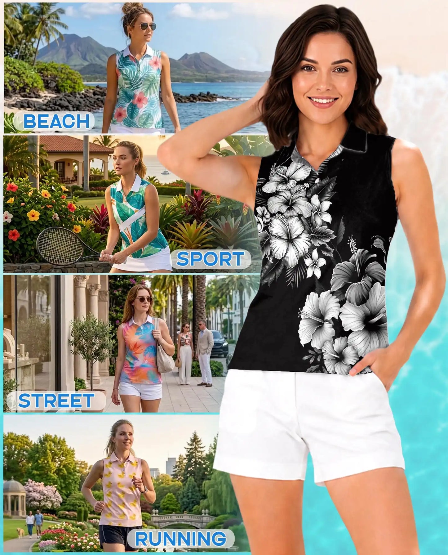 Black And White Hibiscus Polynesian Sleeveless Polo Shirt for Women | Netecom