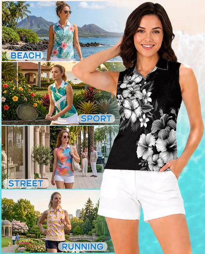 Black And White Hibiscus Polynesian Sleeveless Polo Shirt for Women | Netecom